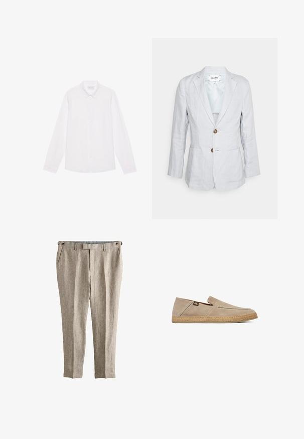 Heathe SINGLE BREASTED - Veste de costume - lavender; Chemise blanche à manches longues, en coton. Présente un col classique, des boutons sur le devant et une texture lisse sans motifs visibles.; Pantalon beige en lin coupe slim avec poches latérales, passants pour ceinture et pattes ajustables boutonnées à la taille.; Chaussure beige à enfiler avec dessus en daim et semelle tissée texturée, avec une petite étiquette logo en tissu sur le côté près du talon.
