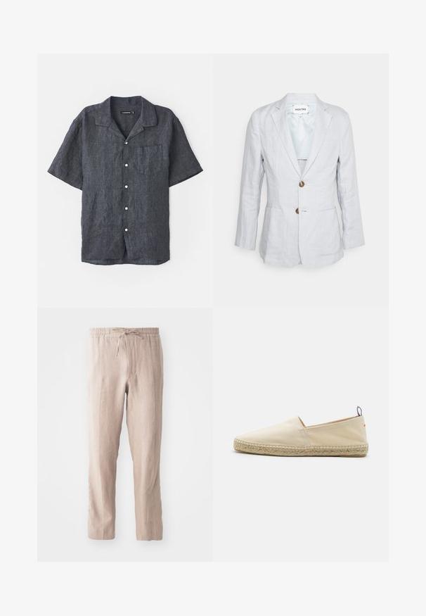 Heathe SINGLE BREASTED - Jakkesæt blazere - lavender; Kortærmet skjorte i antracit lin med afslappet krave, frontlomme og hvide knapper. Glat tekstur med subtile stofvariationer.; Beige linnedbukser med elastisk talje og snor. Lige ben design med en blød tekstur og minimalistisk stil.; Beige canvas espadrille med rund tå, flettet jutesål og en lille rød og blå accent på hælen. Letvægtig uden lukning.