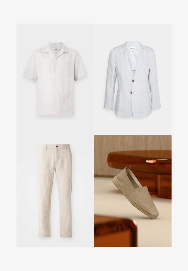 Heathe SINGLE BREASTED - Dressjakke - lavender; Kortermet skjorte med knapper i lys beige lin med venstre brystlomme og klassisk krage.; Beige linbukser med smal passform, med en enkelt brun knaplukning, lige ben og en teksturert stoffinish.; Beige lerret-espadrille med vevd såle og liten trikolor hælflik, plassert på et lyst teppe med møbler i ravfarget bakgrunn.