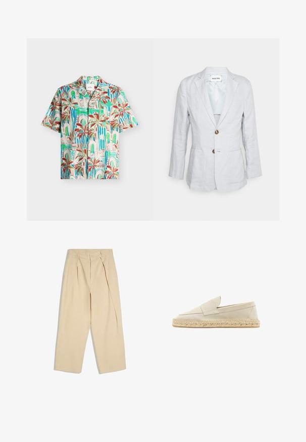 Heathe SINGLE BREASTED - Veste de costume - lavender; Chemise à manches courtes boutonnée avec imprimé palmiers tropicaux et arcade en tons verts, bleus, rouges et beiges sur un fond clair.; Pantalon beige taille haute avec plis à l'avant, fermeture par bouton et zip, jambes larges et droites.; Espadrille en suède beige avec un design à enfiler, présentant un bout rond, une semelle en jute tressé et des détails de couture minimalistes.