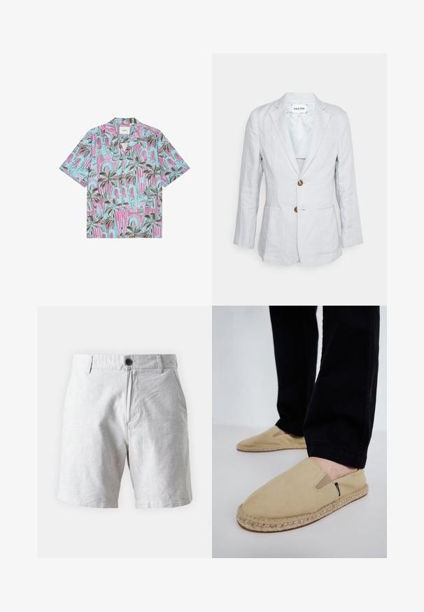 Heathe SINGLE BREASTED - Veste de costume - lavender; Chemise à manches courtes boutonnée avec motif de palmiers et d'arcs en rose, bleu et vert.; Shorts en coton gris clair avec un devant plat, des poches latérales et une fermeture à un seul bouton. Texture douce avec un aspect légèrement froissé.; Chaussures slip-on en toile beige avec des goring élastiques, semelle en corde de jute et coutures contrastantes. Portées avec un pantalon noir fuselé.