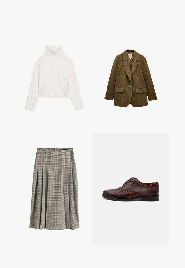 Veste à carreaux bruns à bouton unique avec revers à cran, deux poches à rabat sur le devant et boutons dorés aux poignets, posée à plat sur un fond blanc.; Pull à col roulé en maille blanche, avec une coupe courte, doté de poignets et d'un ourlet côtelés. Texture douce avec un design épais et confortable.; Jupe plissée mi-longue avec motif pied-de-poule noir et blanc, taille haute et tissu structuré.; Chaussure habillée homme à bout golf en cuir marron avec détails brogue et panneaux latéraux en tissu à carreaux, vue de côté sur fond blanc.