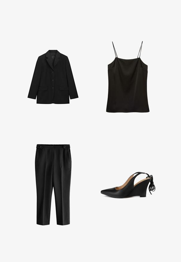 Schwarzer einreihiger Blazer mit drei Knöpfen, Schalkragen mit Kerbe, langen Ärmeln und zwei vorderen Pattentaschen, dargestellt auf weißem Hintergrund.; Schwarzes Satin-Camisole-Top mit dünnen doppelten Spaghettiträgern und einem geraden Ausschnitt.; Schwarze, gerade geschnittene Hose mit elastischem Bund und dekorativen Knöpfen vorne, Seitentaschen und glattem Finish.; Schwarze Leder-Slingback-Wedge mit spitzem Schuhkopf, offenen Seiten und einem Bindungsakzent an der Ferse; strukturierte Oberfläche und leicht geschwungene Wedge.