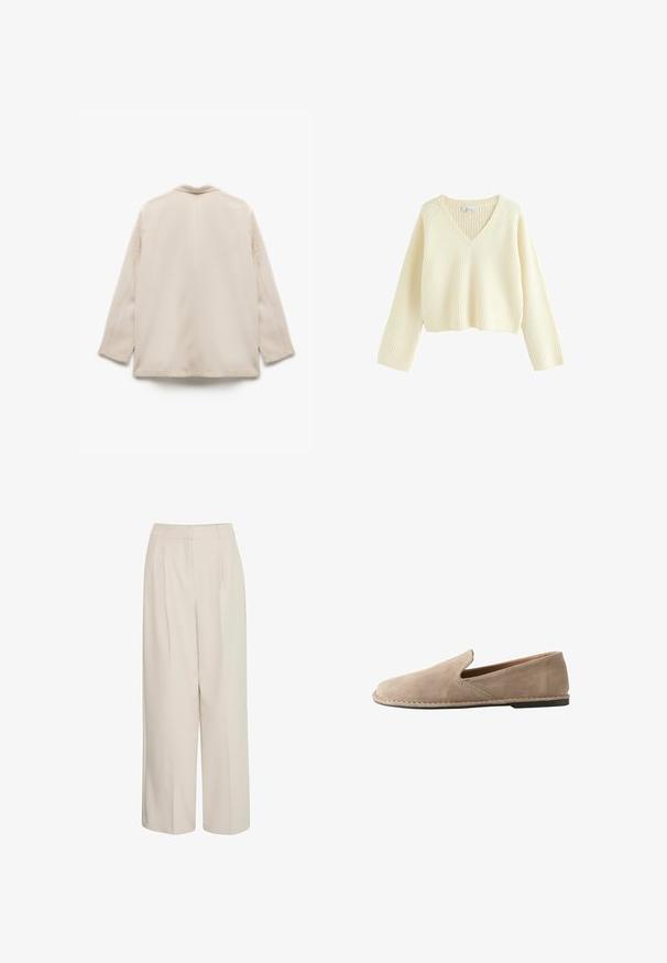 Beige letvægts blazer med krave, lange ærmer og lige snit. Glat tekstur med minimale syninger. Bagansigt.; Cremefarvet, cropped sweater med ribbet tekstur, V-hals og lange ærmer. Har en afslappet pasform og et enkelt design.; Højtaljede cremede bukser med brede ben og pressefolder, lavet af glat stof, med et rent design og skræddersyet pasform.; Beige ruskind slip-on loafers med rund tå, lav flad hæl, syet sål og elastisk sideindsats for nem påtagning.
