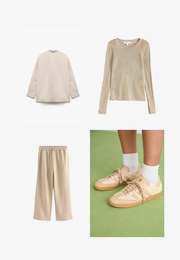 Beige letvægts blazer med krave, lange ærmer og lige snit. Glat tekstur med minimale syninger. Bagansigt.; Beige ribstrikket langærmet sweater med rund halsudskæring og slim fit, vist fladt med synligt mærke ved kraven.; Beige vide benbukser lavet af blødt stof, med en elastisk talje og snor, og en diskret prikket tekstur hele vejen igennem.; Fødder iført beige vævede Adidas sneakers med gummisåler og hvide ankelsokker på en grøn struktureret gulv.