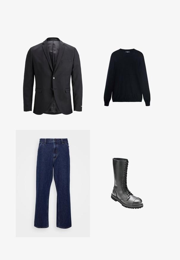 Schwarze Blazer aus glattem Stoff mit einem einzigen Knopfverschluss, mit Revers und einer Brusttasche. Innenfutter aus kontrastierendem Material.; Schwarzer Pullover aus weichem Material mit Rundhalsausschnitt, langen Ärmeln und gerippten Bündchen sowie Saum, mit einer glatten Textur.; Dunkelblaue Jeans aus Denim mit geradem Bein, ausgestattet mit einem Knopfverschluss, Fünf-Taschen-Style und dezenten Nähten.; Schwarze Leder-Schnürkampfstiefel mit hohem Schaft, runder Zehenpartie, gepolstertem Kragen und strukturiertem Gummisohle für besseren Halt.
