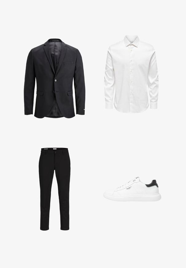 Schwarze Blazer aus glattem Stoff mit einem einzigen Knopfverschluss, mit Revers und einer Brusttasche. Innenfutter aus kontrastierendem Material.; Weißes Herrenhemd mit langen Ärmeln, spitzem Kragen und einer vorderen Reihe weißer Knöpfe auf einfarbigem Hintergrund.; Schwarz schmale Hose mit Gürtelschlaufen, Vorderknopf und Reißverschluss, vor weißem Hintergrund präsentiert.; Weiße niedrige Sneakers aus Leder mit glänzender Oberfläche, versehen mit schwarzen Akzenten an der Ferse, runden Schnürsenkeln und dezentem Seitennähten.