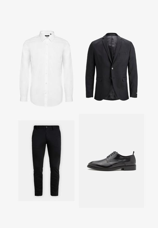 Blazer noir en tissu lisse, avec une fermeture à un bouton, des revers crantés et une poche poitrine. Intérieur doublé en tissu contrastant.; Chemise blanche à manches longues en tissu tissé, avec un col à rabat, une patte de boutonnage à l'avant et des manches avec boutons. Design minimal.; Pantalon noir ajusté avec passants de ceinture, fermeture à bouton à l'avant et poches latérales, présenté sur fond gris clair.; Chaussure habillée en cuir noir avec une finition lisse, un bout rond et un design à lacets. Comprend une semelle en caoutchouc noir de profil bas et un petit talon.