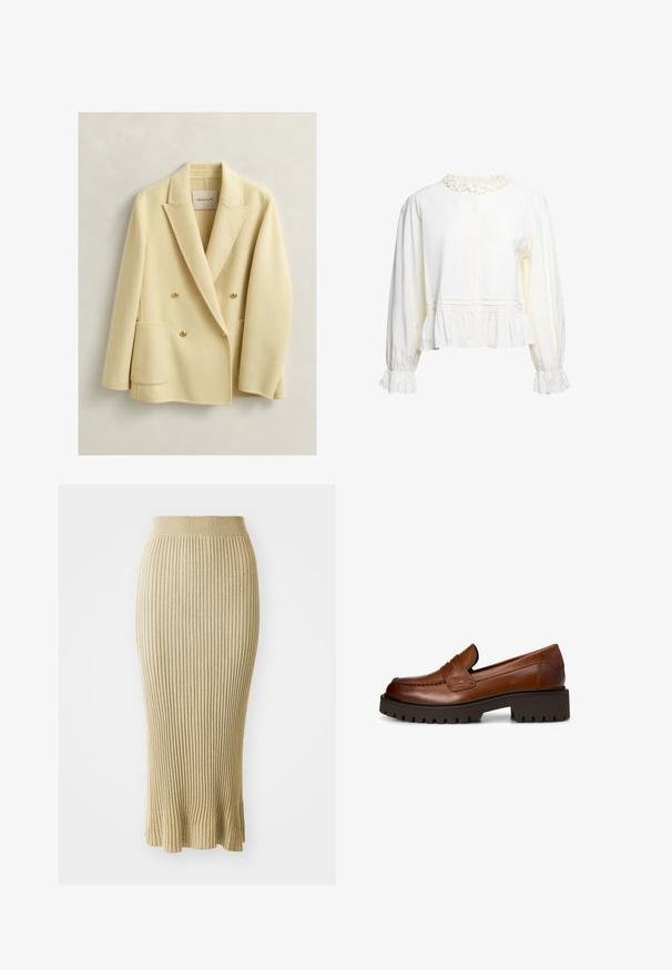 Crèmekleurige dubbelgeknoopte wollen blazer met inkeping revers, twee voorzakken en gouden knopen, hangend tegen een lichte achtergrond.; Wit blouse met lange mouwen, met ruches aan kraag en manchetten, knoopsluiting aan de voorkant en een geplooide peplumzoom.; Gebreide potloodrok in lichtbeige, met verticale ribbels, een aansluitende taille en een uitlopende zoom met subtiele afwerkingen aan de onderkant.; Bruine leren loafer met dikke zwarte profielzool en lage blokhak, getoond vanaf de zijkant op een witte achtergrond.