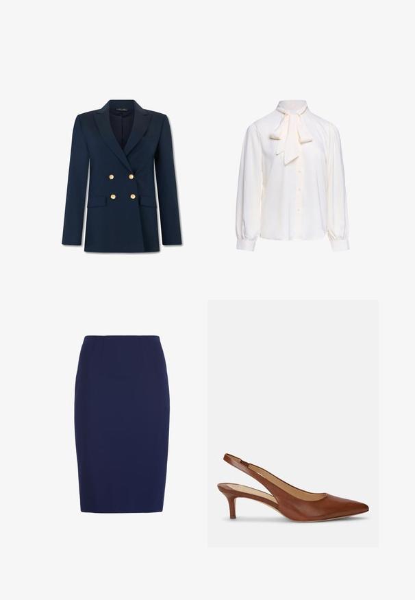 Marineblauw dubbelzijdig colbert met inkepingsrevers, vier gouden knopen en twee klepzakken aan de voorkant, getoond op een witte achtergrond.; Witte blouse met lange mouwen, knoopsluiting aan de voorkant en een grote gestrikte strik bij de halslijn op een effen achtergrond.; Marineblauwe kokerrok tot op de knie met een getailleerde taille en subtiele verticale naaddetails.; Bruine leren damesslingback met puntige neus en lage kittenhak op witte achtergrond.