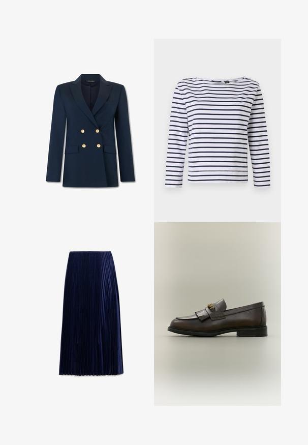 Marineblauw dubbelzijdig colbert met inkepingsrevers, vier gouden knopen en twee klepzakken aan de voorkant, getoond op een witte achtergrond.; Gestreepte lange mouwen top in wit en marineblauw, met een bootnek en een ontspannen pasvorm. Gemaakt van zacht katoen met gestikte zomen.; Navy geplooide midi-jurk gemaakt van lichte stof met een zachte textuur, voorzien van gelijkmatig verdeelde verticale plooien en een elastische tailleband.; Donkerbruine leren loafer met franjes en gouden gesp op zwarte zool, gezien van opzij tegen een neutrale achtergrond.