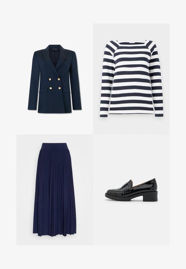 Blazer croisé bleu marine avec revers crantés, quatre boutons dorés et deux poches à rabat à l'avant, présenté sur un fond blanc.; TOM TAILOR STRIPED CARRE NECK - T-shirt à manches longues - lunar eclipse/off white; Jupe plissée marine en tissu doux, dotée d'une large ceinture confortable et d'un design fluide avec des plis verticaux sur toute sa longueur.; Mocassins en cuir verni noir avec un petit talon épais, présentant un détail de sangle sur le devant et une semelle en caoutchouc texturé pour une meilleure adhérence.