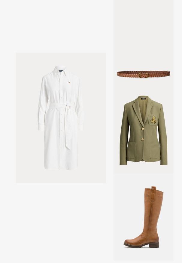 Olivengrøn skræddersyet blazer med hakkede revers, to forlommer, to guldknapper og et guldbroderet logo på brystlommen.; Hvid skjortekjole med lange ærmer, krave, bælte i taljen og lille broderet logo på venstre bryst.; Anna Field by Zalando LEATHER - Høje støvler/ Støvler - cognac; Brunt flettet læderbælte med en lille messing oval spænde, vist fladt på en lys grå baggrund.