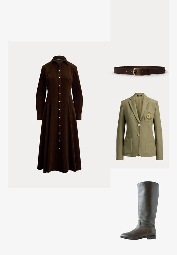 Blazer vert olive taillé sur mesure avec revers crantés, deux poches avant, deux boutons dorés et un logo brodé doré sur la poche poitrine.; Robe midi marron foncé à manches longues, boutonnée, avec col et taille cintrée, présentée sur un fond clair uni.; Botte en cuir marron montant, avec une texture lisse, un bout arrondi et peu de détails de couture. Semelle plate avec un petit talon.; Ceinture en cuir marron avec boucle en métal doré et bords cousus, posée à plat sur un fond blanc.