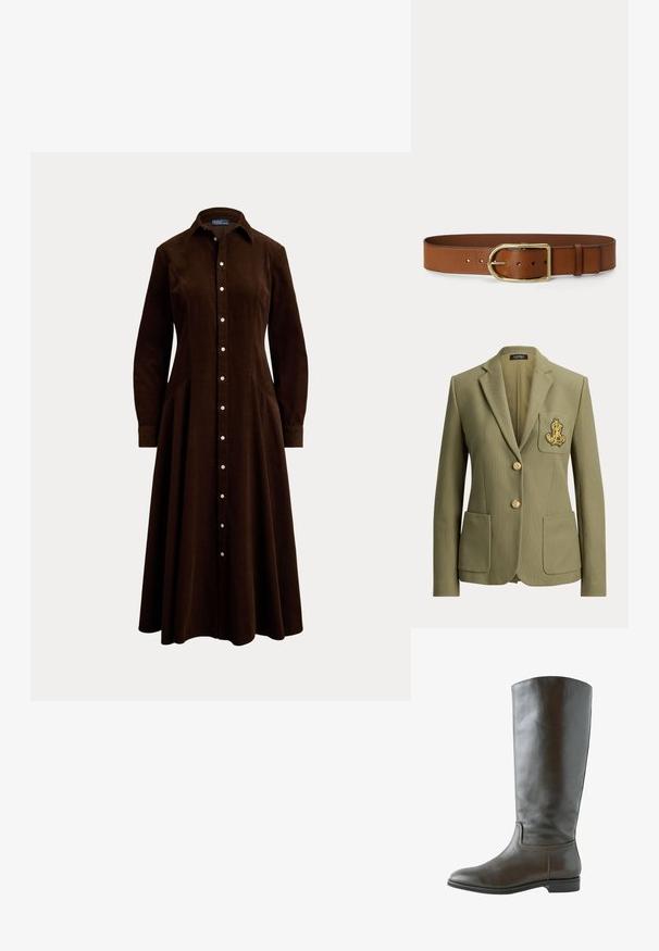Olivengrøn skræddersyet blazer med hakkede revers, to forlommer, to guldknapper og et guldbroderet logo på brystlommen.; Mørkebrun midi-kjole med lange ærmer, knapper foran, krave og taljeret pasform, vist på en ensfarvet lys baggrund.; Brun læder knæhøj støvle med en glat overflade, rund tå og minimal syning. Sålen er flad med en lav hæl.; Brunt læderbælte med stor gylden oval spænde og flere justeringshuller vist på en ensfarvet baggrund.