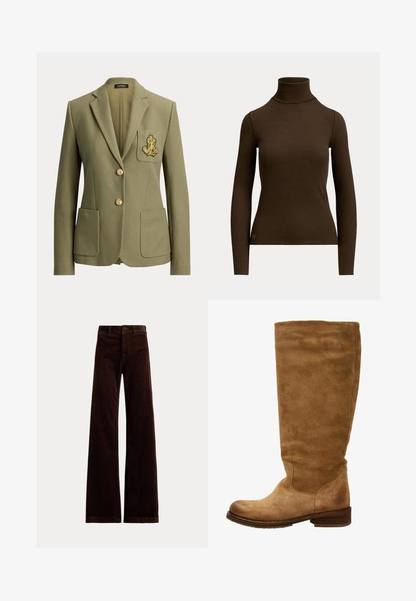 Olivengrøn skræddersyet blazer med hakkede revers, to forlommer, to guldknapper og et guldbroderet logo på brystlommen.; Mørkebrunt langærmet ribstrikket polotrøje med tætsiddende silhuet og lille logo nær den nederste kant foran på venstre side.; Mørkebrune bredbenede kordbukser med bæltestropper og knaplukning foran på ensfarvet baggrund.; Brune ruskinds knæhøje støvler med rund tå og lav blokhæl. Glat overflade, minimal syning, og et logodetail nær hælen.