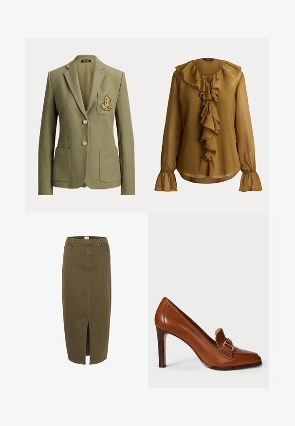 Blazer vert olive taillé sur mesure avec revers crantés, deux poches avant, deux boutons dorés et un logo brodé doré sur la poche poitrine.; Blouse moutarde à manches longues avec col à volants, volants en cascade à l’avant, lien au cou et poignets élastiques à volants.; Jupe en jean vert olive, de longueur genoux avec une fente avant, des passants de ceinture et deux poches avant, mettant en avant des accents de couture subtils.; Chaussure à talons hauts en cuir marron avec un embout pointu, dotée d'une sangle décorative et de quincaillerie dorée le long du coup de pied. Texture lisse.