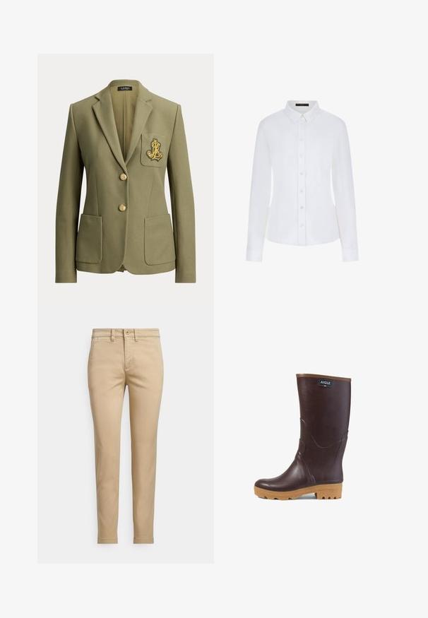 Olivgrüner, maßgeschneiderter Blazer mit gekerbtem Revers, zwei Vordertaschen, zwei goldenen Knöpfen und einem goldbestickten Logo auf der Brusttasche.; Weißes Langarmhemd mit Kragen, Knopfleiste und Manschetten. Hergestellt aus glattem Stoff mit einer taillierten Passform und ohne sichtbare Muster.; Beige Chinos aus Baumwolle mit geradem Schnitt, ausgestattet mit Knopfverschluss, Vordertaschen und abgesteppten Details entlang der Nähte.; Dunkelbrauner Gummistiefel bis zur Mitte der Wade mit hellbrauner Sohle, strukturiertem Profil und "AIGLE"-Logo-Patch nahe der Oberseite.