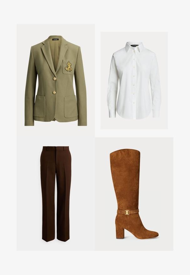 Olijfgroene, op maat gemaakte blazer met ingesneden revers, twee voorzakken, twee gouden knopen en een goud geborduurd logo op de borstzak.; Witte overhemd met lange mouwen, knopen aan de voorkant, puntige kraag en licht gebogen zoom.; Bruine, op maat gemaakte broek met een rechte pijp, gemaakt van gladde stof, voorzien van plooien en een standaard tailleband met lussen voor een riem.; Bruine suède kniehoge laars met een vierkante neus, chunky hak en een goudkleurige gespdetail op een bijpassende suède band om de enkel.