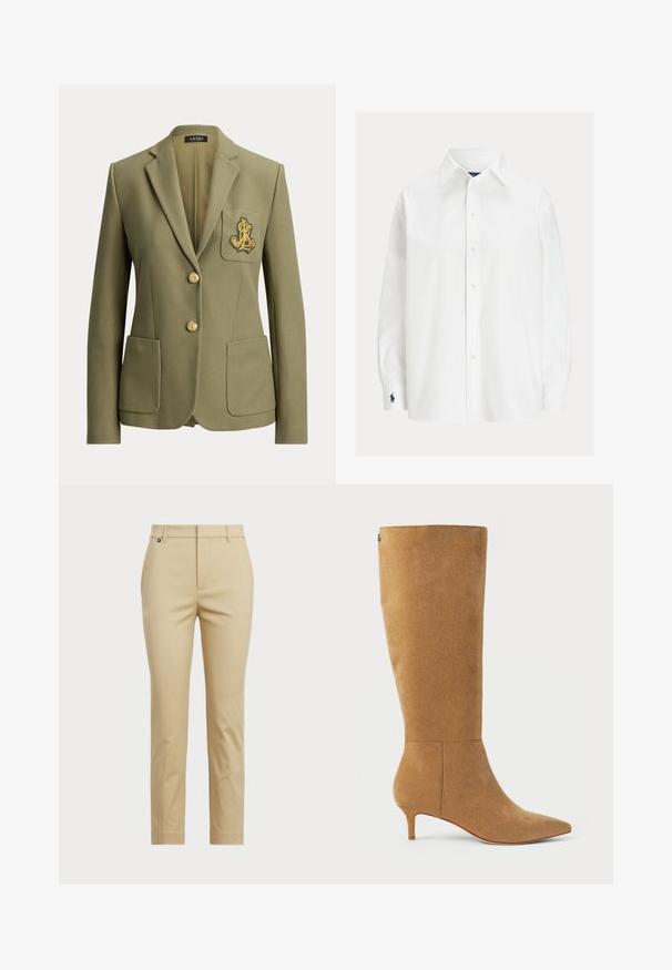 Blazer vert olive taillé sur mesure avec revers crantés, deux poches avant, deux boutons dorés et un logo brodé doré sur la poche poitrine.; Chemise blanche à manches longues boutonnée avec col pointu et logo bleu marine brodé sur le poignet gauche.; Pantalon beige avec une coupe droite. Fabriqué en tissu lisse, il possède une taille standard et de délicates coutures latérales.; Lauren Ralph Lauren MCKAY SUEDE TALL BOOT HEEL - Bottes - camel