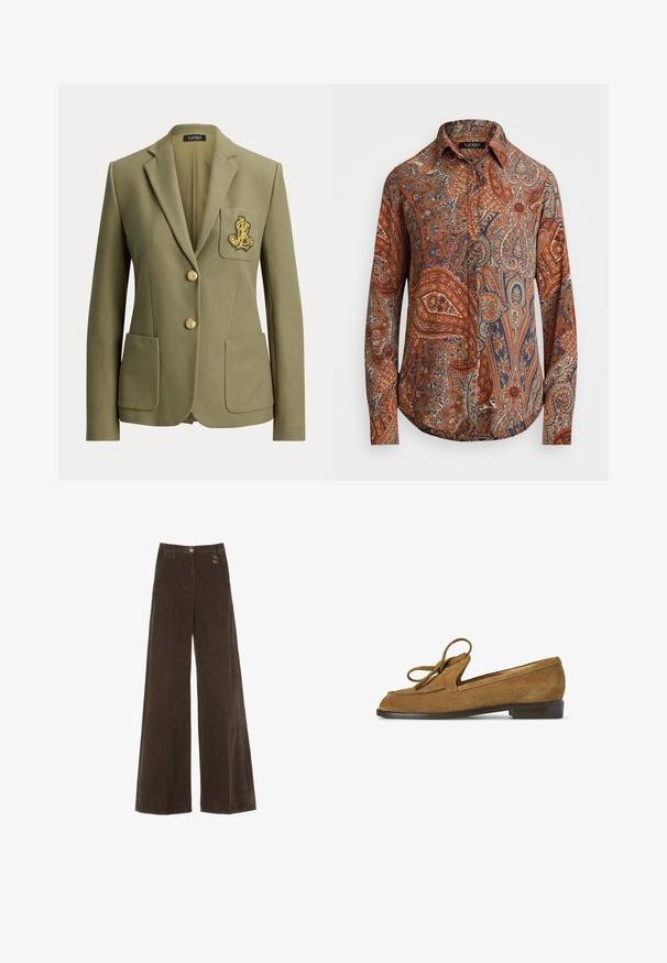 Olivengrøn skræddersyet blazer med hakkede revers, to forlommer, to guldknapper og et guldbroderet logo på brystlommen.; Langærmet skjorte i brun med indviklede paisley-mønstre i blå og creme. Har en klassisk krave og knaplukning foran.; Brune, vide corduroy bukser med høj talje, der har en gylden knap og en dekorativ ringdetalje. Textureret, blødt stof med lodrette striber.; Brun ruskindsloafer med sløjfedetalje på toppen, flad mørk sål og lav hæl, vist i sideprofil på hvid baggrund.