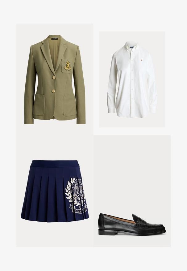 Blazer verde oliva hecho a medida con solapas de muesca, dos bolsillos delanteros, dos botones dorados y un logo bordado en dorado en el bolsillo del pecho.; Camisa blanca de manga larga con botones, cuello abotonado y pequeño logo bordado de jugador de polo en el pecho izquierdo.; Falda plisada azul marino con cinturilla ancha y logotipo blanco con escudo temático de tenis en el lado inferior derecho.; Lauren Ralph Lauren WYNNIE - Zapatos sin cordones - black
