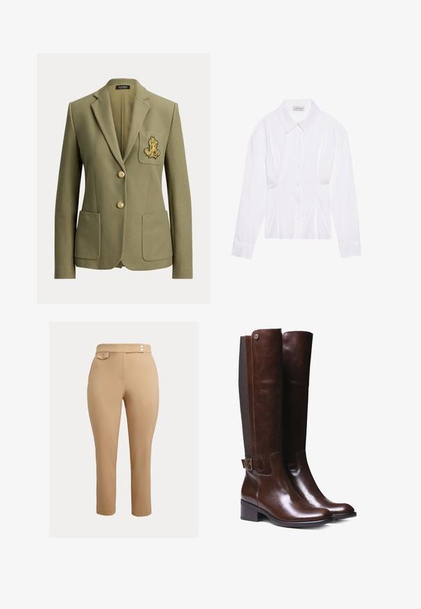 Olijfgroene, op maat gemaakte blazer met ingesneden revers, twee voorzakken, twee gouden knopen en een goud geborduurd logo op de borstzak.; Witte blouse met lange mouwen en een klassieke kraag, met een sluiting aan de voorkant met knopen en geplooide details aan de zijkant. Glad materiaal met een getailleerde pasvorm.; Beige slim-fit pantalons met hoge taille, met twee kleine decoratieve knoopjes op de tailleband en een knoopsluiting flapzak aan de rechterzijde.; Bruine leren laarzen tot de knie met een gladde afwerking, contrasterend stofpaneel, enkelgesp detail en lage blokhak.