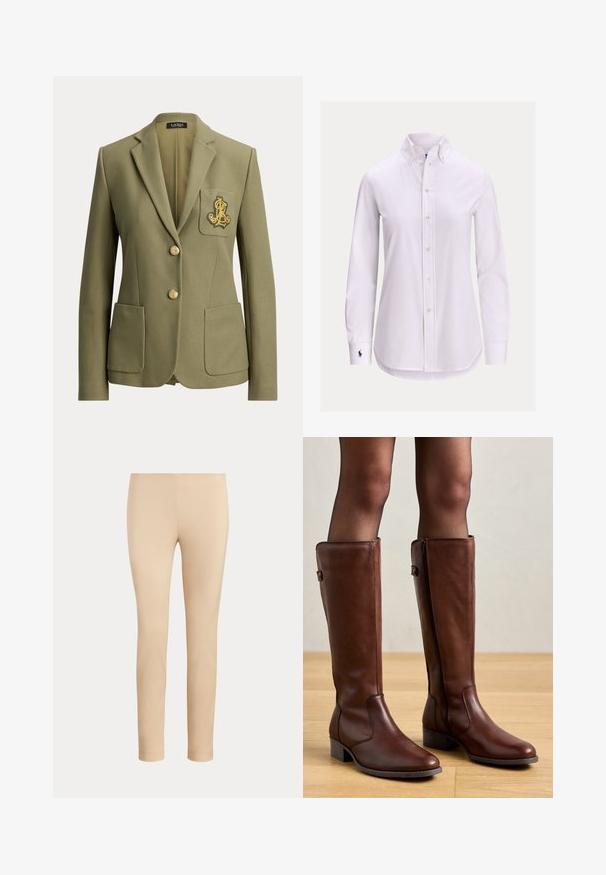 Olijfgroene, op maat gemaakte blazer met ingesneden revers, twee voorzakken, twee gouden knopen en een goud geborduurd logo op de borstzak.; Witte blouse met lange mouwen, knoopsluiting, een knoopsluitkraag en een klein geborduurd logo op de linkermanchet.; Beige slim-fit enkellange broek met een gladde afwerking en zonder zichtbare zakken of versieringen op een effen achtergrond.; Anna Field by Zalando LEATHER - Laarzen - brown