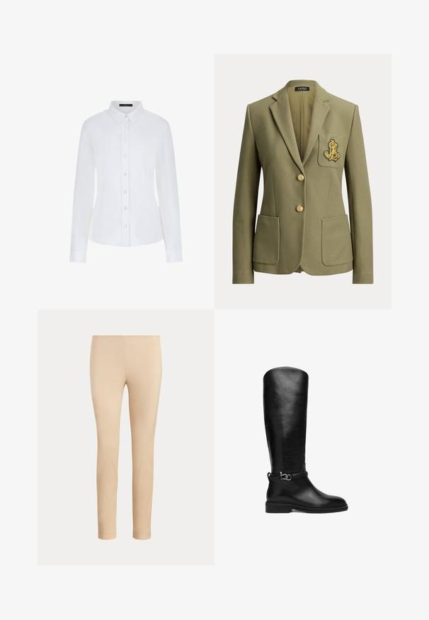 Olivengrøn skræddersyet blazer med hakkede revers, to forlommer, to guldknapper og et guldbroderet logo på brystlommen.; Hvid langærmet skjorte med krave, knaplukning foran og manchetter. Fremstillet af glat stof med en tætsiddende pasform og uden synlige mønstre.; Beige slim-fit ankellange bukser med en glat finish og uden synlige lommer eller pynt på en ensfarvet baggrund.; Sort knæhøj læderstøvle med lav hæl og dekorativ rem med sølv metalspænde omkring anklen.