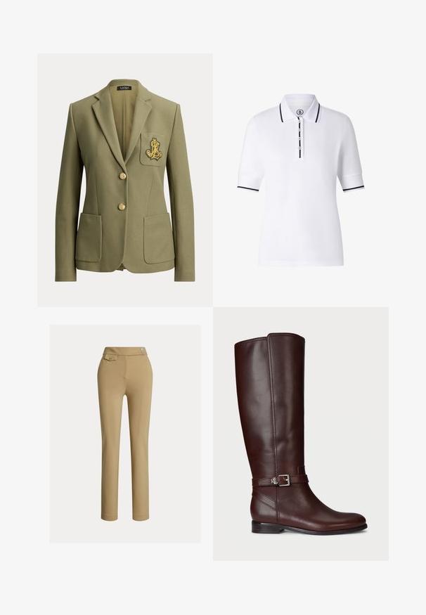 Olijfgroene, op maat gemaakte blazer met ingesneden revers, twee voorzakken, twee gouden knopen en een goud geborduurd logo op de borstzak.; Witte polo met korte mouwen en zwarte accenten op de kraag, knoopsluiting en manchetten, met vier witte knopen.; Beige op maat gemaakte broek met een zachte textuur, hoge taille, twee decoratieve knopen en een enkele achterzak. Recht gesneden ontwerp.; Bruine leren kniehoog laars met een gladde textuur, zilverkleurige gesp als accent en een lage, gestapelde hak. Bevat subtiele stikdetails.