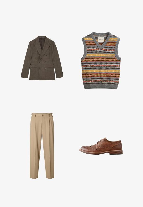 Brauner, zweireihiger Blazer mit feinem Karo-Muster, breitem Revers, sechs Knöpfen vorne und zwei horizontalen vorderen Taschen.; Ärmellose gestrickte Weste mit V-Ausschnitt, mit horizontalen Streifen in Grau, Gelb, Orange und Braun mit geometrischen Mustern.; Beige maßgeschneiderte Hose mit vorderen Falten, Gürtelschlaufen, Knopfverschluss und geradem Bein.; Brauner Leder-Herren-Wingtip-Oxford-Schuh mit Brogue-Details und gestapeltem Holzabsatz, seitlich auf weißem Hintergrund gezeigt.