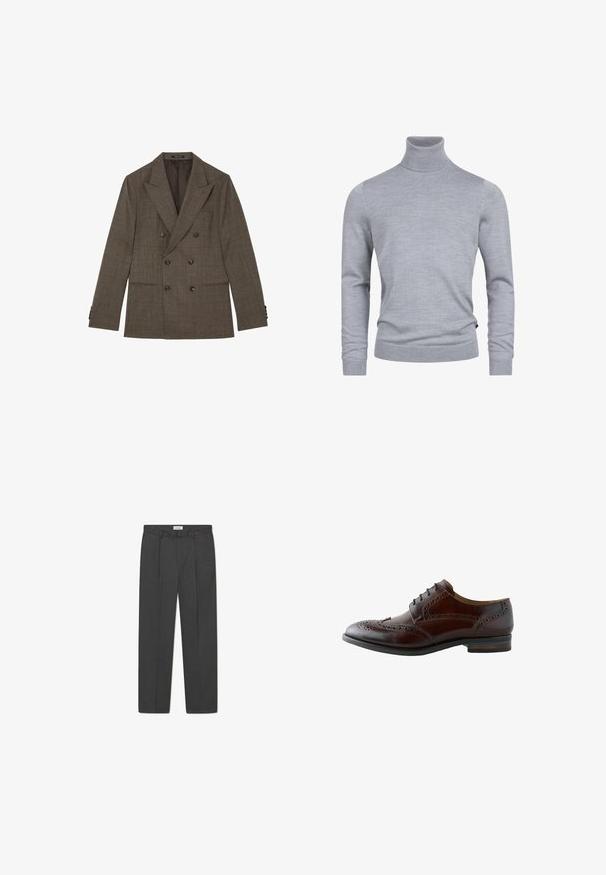 Blazer marrón cruzado con un sutil patrón de cuadros, solapas anchas, seis botones en el frente y dos bolsillos frontales horizontales.; Suéter gris de cuello tortuga hecho de un suave tejido de punto. Cuenta con mangas largas y un diseño ajustado con puños y dobladillo acanalados. Textura simple y suave.; Pantalones grises a medida con un sutil patrón de cuadro, tejido texturizado y pliegues delanteros, presentando una cinturilla con pasadores para cinturón.; Zapato de vestir marrón de cuero para hombre con detalles de brogue con punta alada y cordones negros, mostrado de lado sobre fondo blanco.