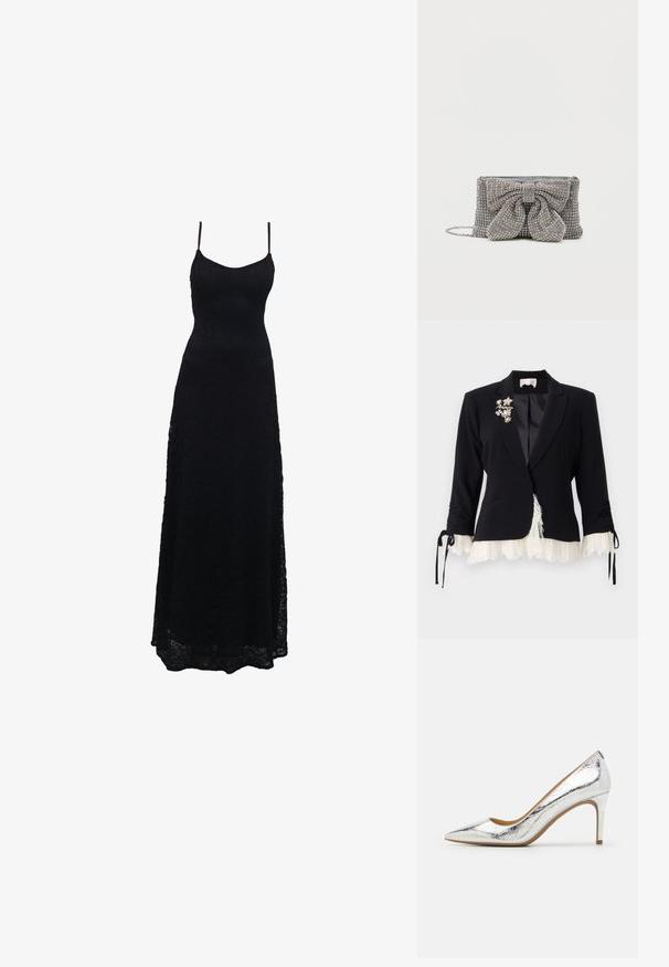 Cinq à Sept LE PETIT ROXIE - Blazer - black/ivory; Vestido largo negro de encaje con finas tirantes de espagueti, cuerpo ajustado, falda acampanada y un intrincado patrón de encaje en toda la tela.; Zapato de tacón alto en tono plateado metálico, con punta afilada y una textura lisa, tacón de 10 cm y un sutil patrón de plisado en la superficie.; Bolso gris brillante con una superficie texturada, que presenta un gran lazo decorativo en el frente y una correa de cadena. Forma rectangular compacta.