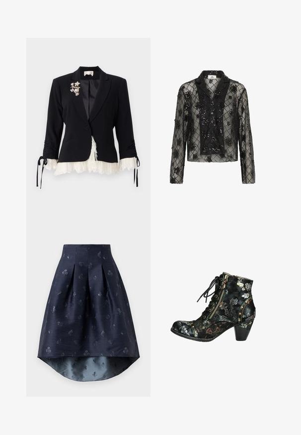 Cinq à Sept LE PETIT ROXIE - Blazer - black/ivory; Schwarze Netzbluse mit floralen Applikationen und Pailletten, mit kragenförmigem Ausschnitt und Knopfschluss, cropped Design und langen Ärmeln.; Marineblaue High-Low-Rock mit Falten und subtilen Mustern von Spielkarten-Symbolen in einem leicht glänzenden Stoff.; Schwarze Knöchelstiefel mit floralem Muster, Schnürung und seitlichem Reißverschluss, strukturiertem Material, kontrastierender Naht und einer modesten Absatzsohle.