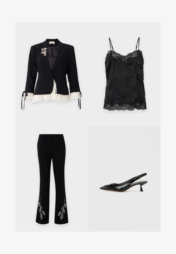 Cinq à Sept LE PETIT ROXIE - Bleiser - black/ivory; Mustast satiinist kamisol õhukeste reguleeritavate rihmadega, lillelise žakaarmustriga ja pitsiline ääris kaeluse ja ääre ümber.; Mustad hõlmikpüksid, mille ääres tikitud hõbedased lehemustrid. Valmistatud siidjasest kangast, millel on struktuurne vöökoht ja kitsas lõige.; Mustad lakknahast slingback-kontsaga kingad terava varba, tekstureeritud pinnaga ja väikese kontsaga. Sisekülg on mustrilise voodriga, millel on tekst.