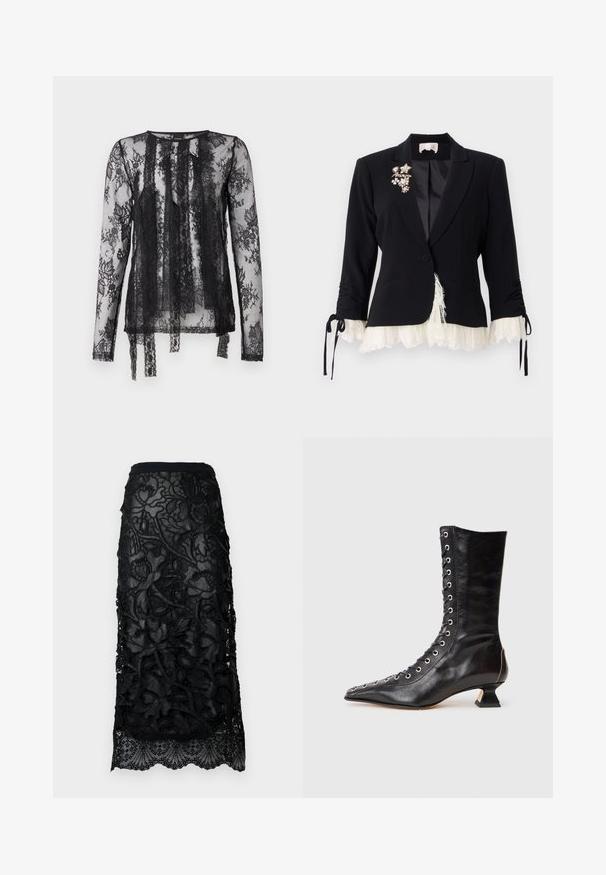 Cinq à Sept LE PETIT ROXIE - Blazer - black/ivory; Gennemsigtig sort langærmet top med intrikate blonder i blomster mønster, en rund halsudskæring og flagrende frynser foran.; Sort blonde nederdel med intrikate blomsterbroderier, et taljeret liv og en scallopkant. Gennemsigtig overlay med tekstureret detaljering.; Sort læder ankelstøvle med spids tå, snøring foran, metaløjer, lav blokhæl og et strømlinet design. Glat tekstur, moderne silhuet.