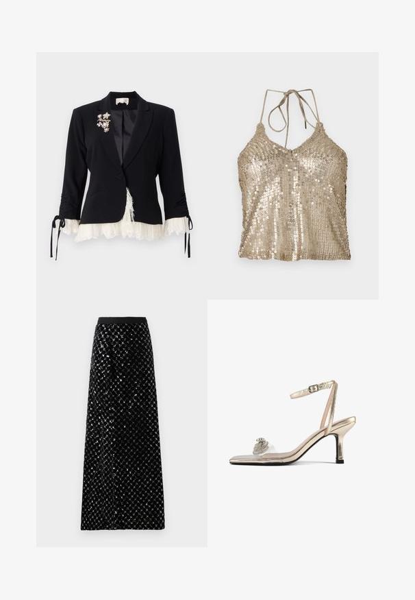 Cinq à Sept LE PETIT ROXIE - Σακάκι - black/ivory; Χρυσό τοπ με παγιέτες, με λαιμόκοψη V, ρυθμιζόμενους κορδόνια και υφή. Διαθέτει άνετη εφαρμογή και λαμπερές, ανακλαστικές παγιέτες σε όλη την επιφάνεια.; Μάξι φούστα από μαύρο βελούδο, διακοσμημένη με σχέδιο από ασημένια στρας, με απαλό λάστιχο στη μέση και ίσια σιλουέτα.; Διαφανής σανδάλι με τετράγωνο τακούνι και μεταλλική χρυσή λουρίδα, διακοσμημένη με κρύσταλλα στη μύτη. Διαθέτει διαφανές πάνω μέρος.