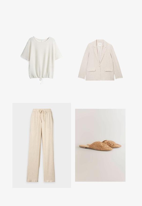 Beige linnen blazer met een notch lapel, enkele knoopsluiting en twee voorzakken. Soepele textuur en een relaxte pasvorm met lange mouwen.; Witte korte mouwen top van textuurstof, losse pasvorm, ronde halslijn en trekkoord onderkant voor een aanpasbare silhouet.; Beige wijde broek met elastische tailleband en trekkoord, gemaakt van een lichtgewicht gestructureerde stof.; Geweven leren slidesandalen in lichtbruin, met een oversized geweven bovenkant en een platte zool. De spitse neus zorgt voor een strakke uitstraling.