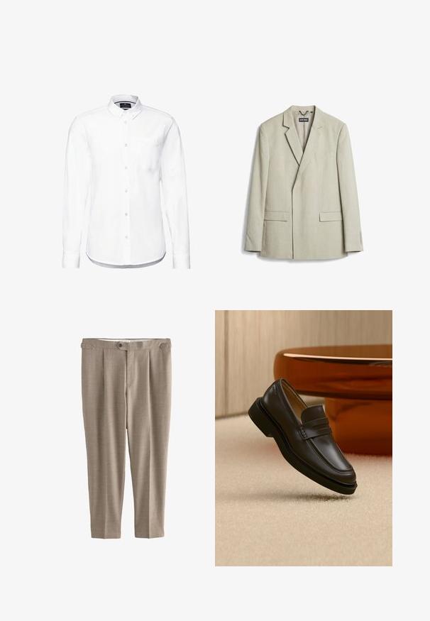 Beige getailleerde blazer met inkeping revers, voorzakken met kleppen, borstzak met bies en knoopmanchetten, gelabeld Antony Morato.; Witte blouse met lange mouwen van katoen, met een knoopsluiting kraag, een borstzak en een ronde zoom met geknoopte manchetten.; Beige, rechte broek met een gladde textuur, enkele knoopsluiting en twee voorplooien, met riemlussen en zonder zakken.; Zwarte leren loafer die boven een beige tapijt zweeft met bruine afgeronde meubels op de achtergrond.