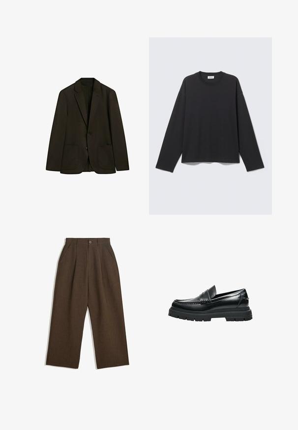 Zwarte enkelsluiting blazer met twee opgestikte voorzakken en notchrengels, weergegeven tegen een witte achtergrond.; Zwart shirt met lange mouwen en ronde hals, eenvoudige, losse pasvorm, plat gelegen op een lichtgrijze achtergrond.; Bruine geplooide broeken met een wijdvallend ontwerp, voorzien van een knoopsluiting en zijzakken, gemaakt van een textiel dat geschikt is voor casual wear.; Zwarte leren loafer met dikke grof profielzool en pennybandje, zijaanzicht op witte achtergrond.