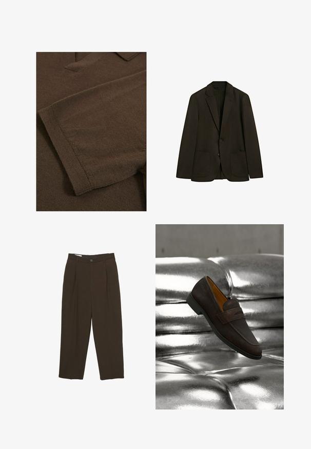 Sort enkeltknappet blazer med to forlommer og notched revers, vist mod en hvid baggrund.; Brun strikket stof med en blød tekstur, der har krave og korte ærmer, og som viser et enkelt design uden mønstre eller udsmykninger.; Mørkebrune skræddersyede bukser med frontfolder, bæltestropper og en knaplukning i taljen.; Brun læder loafersko med en lav sort sål, placeret mod en skinnende, tufted metallisk sølv pude baggrund.
