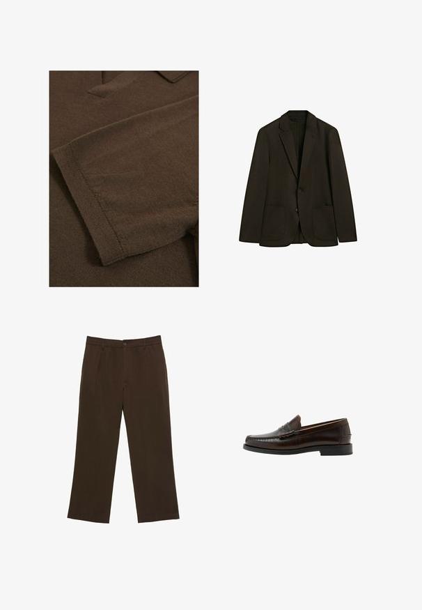 Schwarzer einreihiger Blazer mit zwei aufgesetzten Taschen vorne und Notch-Revers, vor weißem Hintergrund gezeigt.; Brauner Strickstoff mit einer samtigen Textur, ausgestattet mit einem Kragen und kurzen Ärmeln. Das Design ist schlicht und kommt ohne Muster oder Verzierungen aus.; Braune Hose mit geradem Bein, Knopf- und elastischem Bund, Gürtelschlaufen und Vorderentaschen auf weißem Hintergrund.; Dunkelbrauner Leder-Pennyloafer mit gestepptem Mokassinnaht, niedrigem Absatz und glatter Oberfläche, seitlich auf weißem Hintergrund gezeigt.