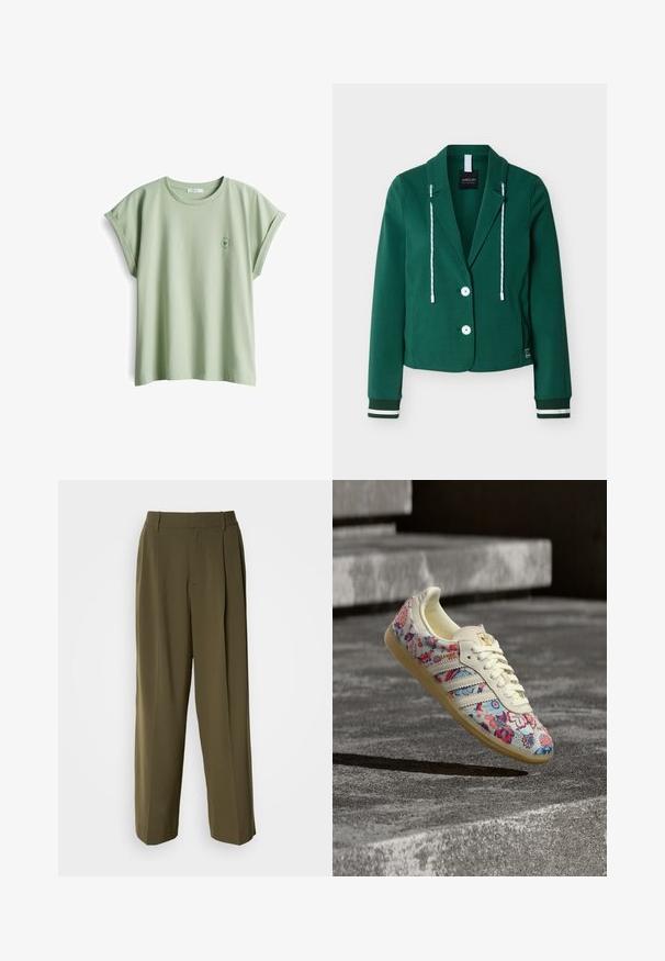 Groene korte blazer met twee knopen, gestreepte trekkoorden bij de kraag en geribbelde boorden met witte dubbele strepen.; Lichtgroene katoenen t-shirt met een relaxte pasvorm, opgerolde korte mouwen en een klein rond logo op de linkerborst.; Olijfgroene wijde broek van een gladde stof, met een hoge taille, plooien aan de voorkant en zijzakken voor functionaliteit.; Witte sneaker met rode en blauwe bloemmotieven, crèmekleurige zool en veters, zwevend boven grijze betonnen trappen in een buitenomgeving.