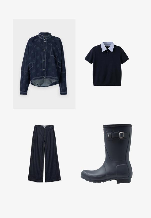 Henrik Vibskov DART JACKET - Spijkerjas - dark blue; Top met korte mouwen in marineblauw gebreid, met een blauw-witte gestreepte kraag en een enkele knoop bij de halslijn.; Donkerblauwe wijde jeans van denim met een hoge taille, voorzakken en gele stiksels langs de naden. Klassiek ontwerp met 5 zakken.; Zwarte rubberen regenlaars met een ronde neus, textuurzool en verstelbaar riempje. Gladde oppervlakte met een matte afwerking.