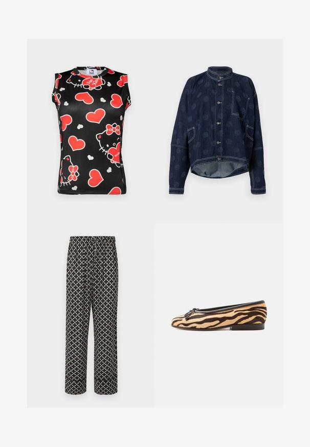 Henrik Vibskov DART JACKET - Cowboyjakker - dark blue; Sort ærmeløs top med et farverigt mønster af Hello Kitty ansigtter og røde hjerter. Lavet af glat stof med en rund halsudskæring.; Sorte bukser med et hvidt diamantmønster, med elastisk talje, snørelukning og brede ben. Letvægtsstof.; Flad balletsko med tigerstribet mønster, sort kant, lille sløjfe foran og lav stablet hæl på hvid baggrund.