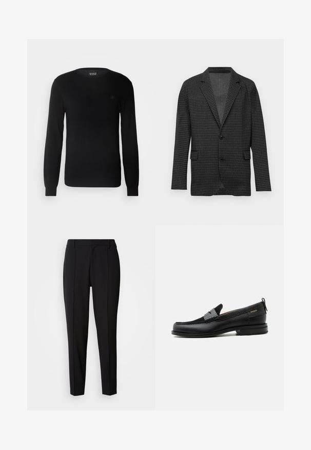 Blazer à motif pied-de-coq gris foncé avec revers crantés, deux boutons noirs et poches à rabat sur le devant, présenté sur un fond blanc uni.; Pull en maille noir avec un col rond, des manches longues et un petit logo brodé sur la poitrine. Texture douce et coupe ajustée.; Calvin Klein PULL ON - Pantalon classique - black; Mocassin en cuir noir avec détail de bride grise, talon bas et semelle texturée, marqué "HUGO" en or sur le côté.