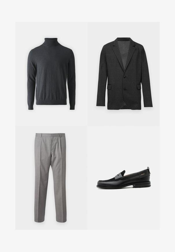Blazer de patrón de espiga en gris oscuro con solapas en pico, dos botones negros y bolsillos con solapa en la parte frontal, presentado sobre un fondo blanco plano.; Jersey de cuello alto en gris oscuro, hecho de un material de punto acanalado suave. Presenta mangas largas y una cintura ajustada, con un diseño de cuello alto.; Pantalones gris con rayas y un corte a medida, con pliegues delanteros, trabillas para cinturón y una textura suave. Diseño de pierna recta, con dobladillos limpios.; Mocasín de cuero negro con detalle de tira gris, tacón bajo y suela texturizada, con la marca "HUGO" en oro en el lateral.