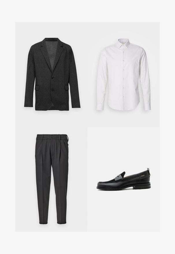 Donkergrijze houndstooth gepatteerde blazer met notch-lapels, twee zwarte knopen en voorste klepzakken, weergegeven op een effen witte achtergrond.; Witte longsleeve shirt met een puntig kraag, knopenfront, gemaakt van een gladde stof. Heeft een subtiele gestreepte textuur.; Zwarte broek van gladde stof, met een geplooide voorkant, elastische tailleband en rechte pijpen met een taps toelopende onderkant.; Zwarte leren loafer met grijs riemdetailelement, lage hak en gestructureerde zool, aan de zijkant gebrandmerkt met "HUGO" in goud.