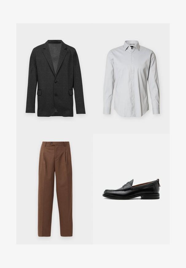 Mørkegrå houndstooth-mønstret blazer med klapslag, to sorte knapper og forlommer, præsenteret på en ensfarvet hvid baggrund.; Lysegrå herreskjorte med lange ærmer, knapper foran, spids krave og manschetter med enkeltknap på ensartet hvid baggrund.; Brune skræddersyede bukser med lige pasform, synlige folder, forlommer og en enkelt knaplukning i taljen. Glat tekstur.; Sort læder herre loafer med moc-tå syning, penny strop, struktureret krave og lav stablet hæl på hvid baggrund.