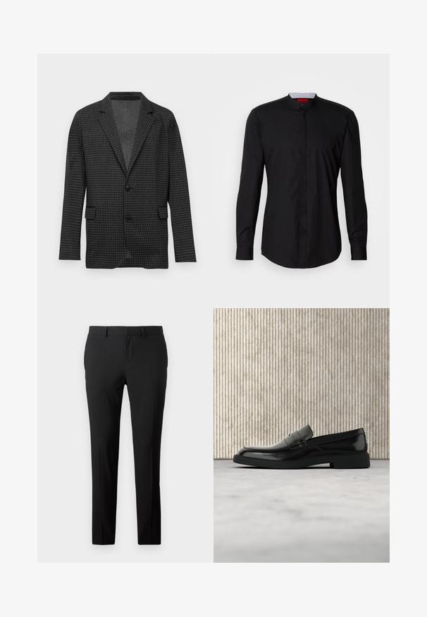 Mørkegrå houndstooth-mønstret blazer med klapslag, to sorte knapper og forlommer, præsenteret på en ensfarvet hvid baggrund.; Sort langærmet skjorte med mandarin-krave, lavet af et glat stof, med knaplukning foran og diskrete designdetaljer.; Skræddersyede sorte bukser i et glat stof. Har et lige ben-design, frontfald og bæltestropper til justerbar størrelse.; Sort poleret læderloafer flydende over beige tæppe med orange gennemsigtigt møbel i baggrunden.